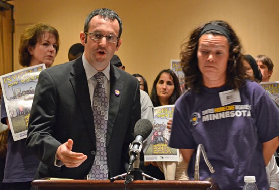 Jamie Gulley, president of SEIU Healthcare Minnesota, and home-care provider Karen Urman answer questions during a press conference on the union's efforts to organize PCA's.