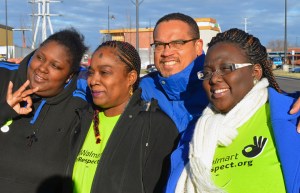U.S. Rep. Keith Ellison walked out of Walmart alongside three striking Brooklyn Center employees: (L to R) April Williams, Lillian Griffith and Andrea Williams.