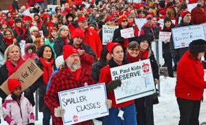 Supporters wear red to show their support for the teachers' union.