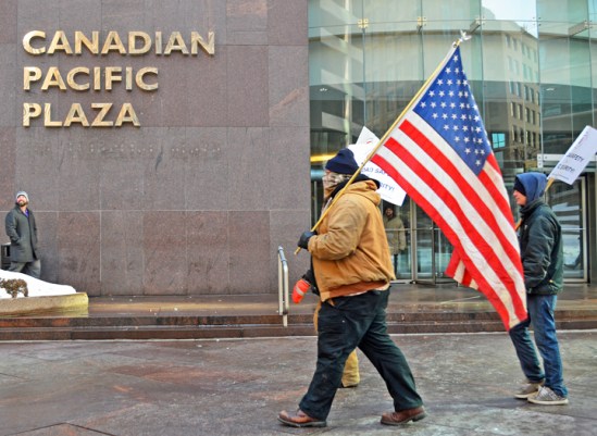 UTU members join informational picketing outside Canadian Pacific's offices downtown Minneapolis.
