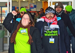 OUR Walmart members Cantaré Davunt and Gabe Teneyuque exit the Brooklyn Center Walmart after delivering a letter in support of fired associate April Williams.