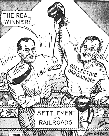 The Union Advocate ran this cartoon in May 1964, celebrating an agreement brokered by President Lyndon Johnson to end a four-and-a-half-year dispute between railroad companies and their unions. In an address to the nation, Johnson praised both sides, and called the agreement a victory for collective bargaining. “I tell you quite frankly there are few events that give me more faith in my country and more pride in the free, collective bargaining process,” he said.