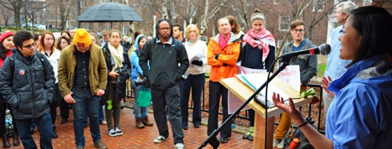 Macalester sophomore Julia Gay leads a rally during Contingent Faculty Appreciation Week on campus.