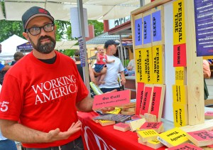 Jess Alexander demonstrates Working America's "scheduling puzzle."