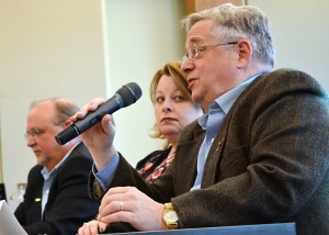 Machinists union representative Rick Ryan (R) testified before a field hearing on fast track and the Trans Pacific Partnership last month. Ryan appeared on a panel with CWA Minnesota State Council President Mona Meyer and Bob Ryan of the United Steelworkers.