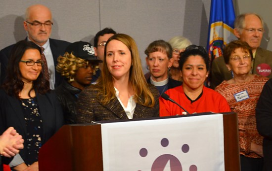 Sen. Katie Sieben (DFL-Newport), a lead offer on legislation to expand access to paid family leave, speaks at a press conference at the Capitol.