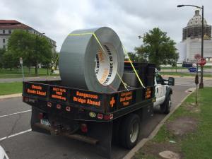 The Move MN Coalition launched a "Duct Tape Tour" of the state from MnDOT headquarters in St. Paul this morning. 