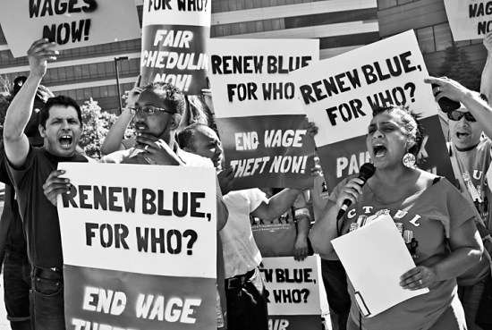 Protesters demonstrate outside Best Buy's annual shareholder meeting.