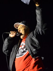 Steven Suffrage, who works at a fast-food restaurant in Minneapolis, fires up the crowd.