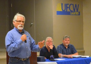Don Seaquist oversees his last meeting as UFCW Local 1189 president, as Secretary-Treasurer Jennifer Christensen and Recording Secretary Jim Gleb look on.