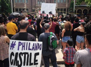 Demonstrators gathered outside the Governor's Residence in St. Paul today to call for justice in the shooting of Phil Castile.