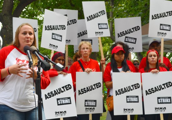 Abbott Northwestern nurse and MNA spokesperson Angel Becchetti speaks at a press conference on nurses' safety proposals.