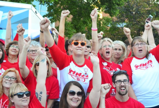 Allina nurses rallied with RNs from other Twin Cities hospitals and supporters across the labor community Thursday in Minneapolis.