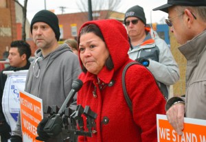 Rosa Baires, pictured speaking at a press conference outside FSB in December, used to work at the bakery, but after taking time off to be with her dying ex-husband, the company told her she no longer had a job – an example, she said, of why workers there need a union.